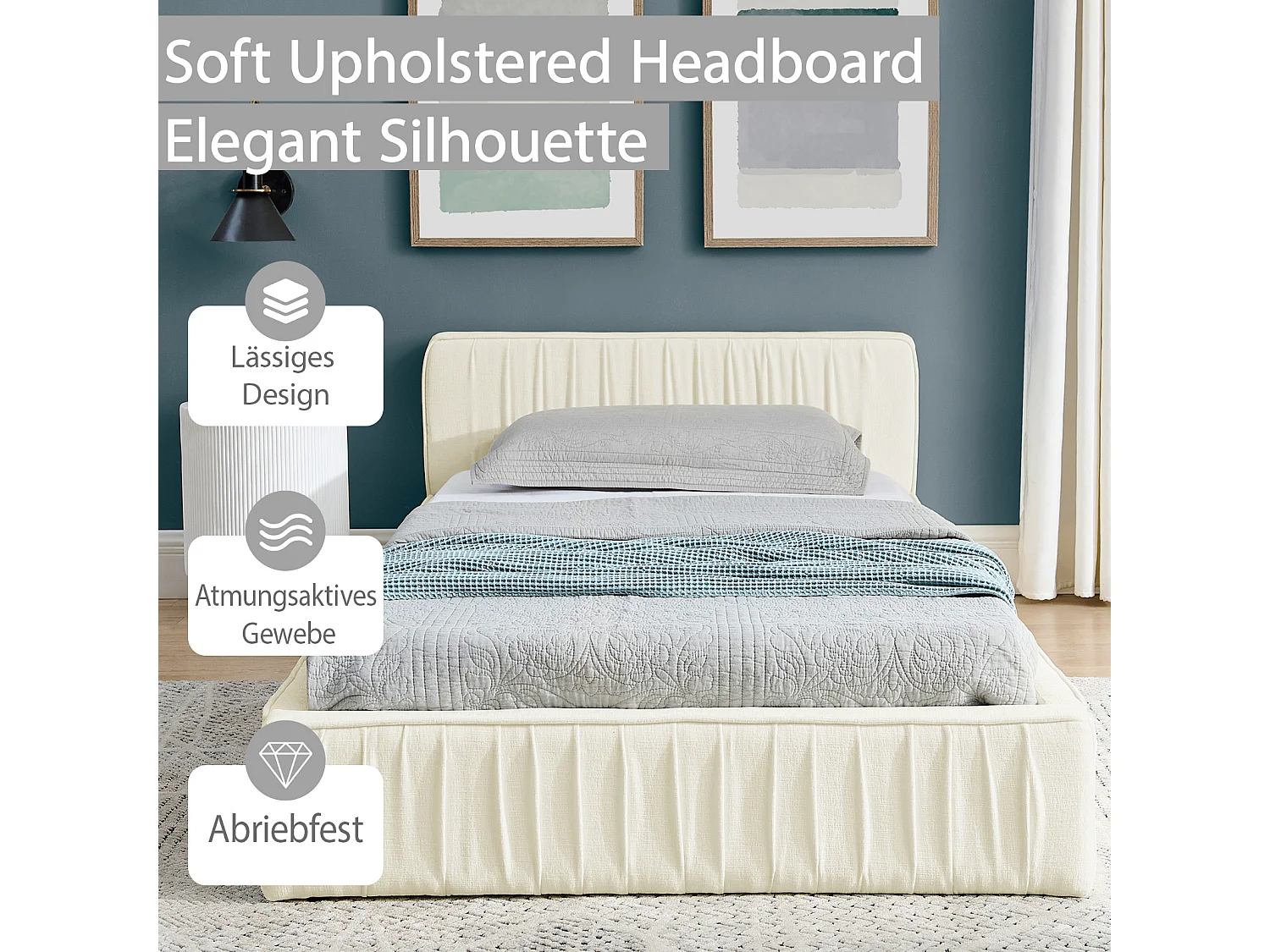 Einzelbett 90×200 cm für Kinder, aus weichem Chenille, mit umweltfreundlichem Eukalyptus- und Metallrahmen, einfache Montage – Beige