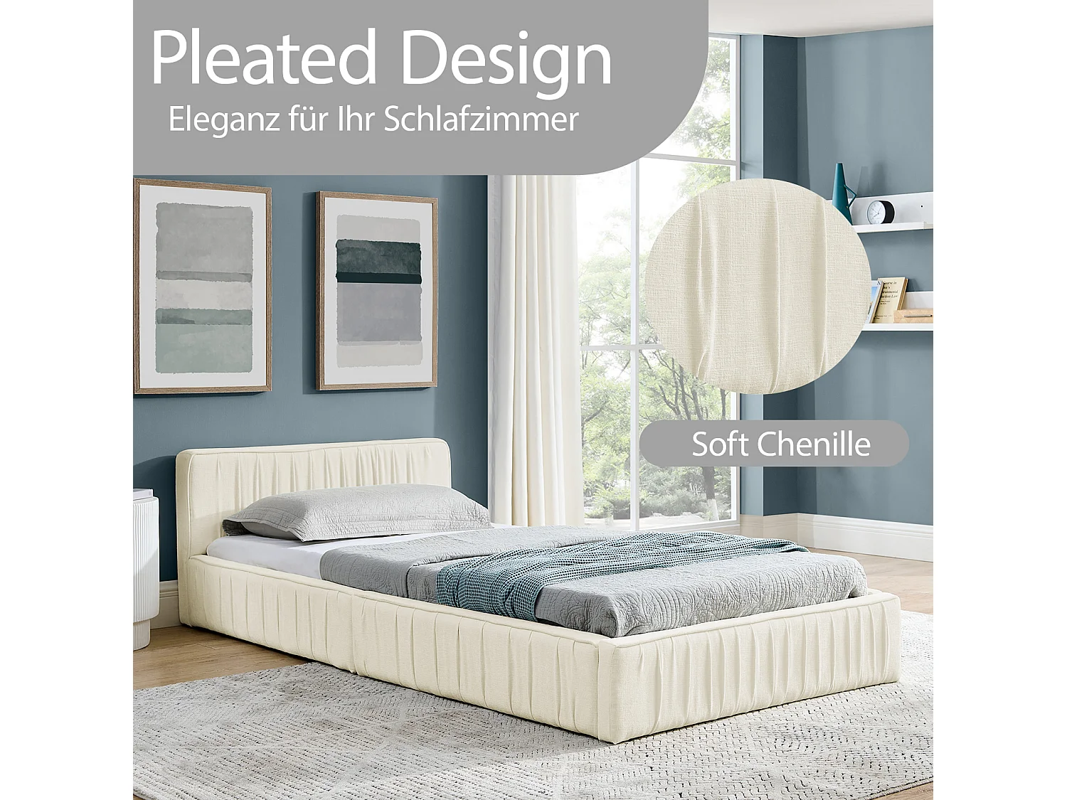 Einzelbett 90×200 cm für Kinder, aus weichem Chenille, mit umweltfreundlichem Eukalyptus- und Metallrahmen, einfache Montage – Beige