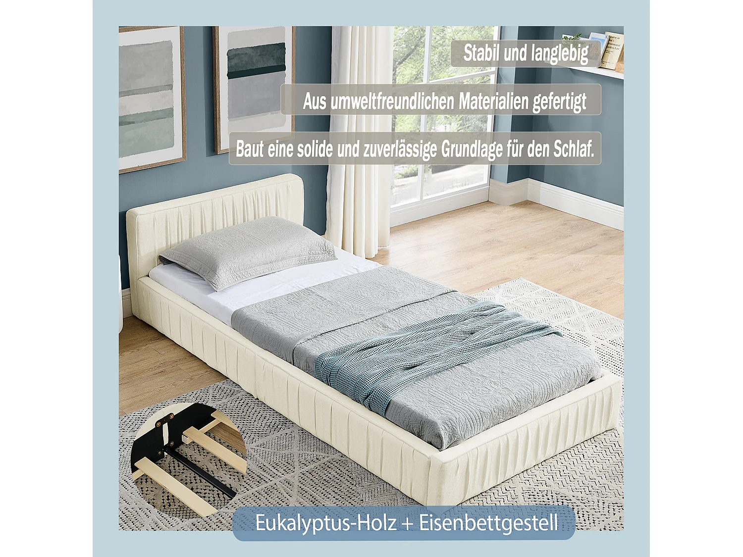 Einzelbett 90×200 cm für Kinder, aus weichem Chenille, mit umweltfreundlichem Eukalyptus- und Metallrahmen, einfache Montage – Beige