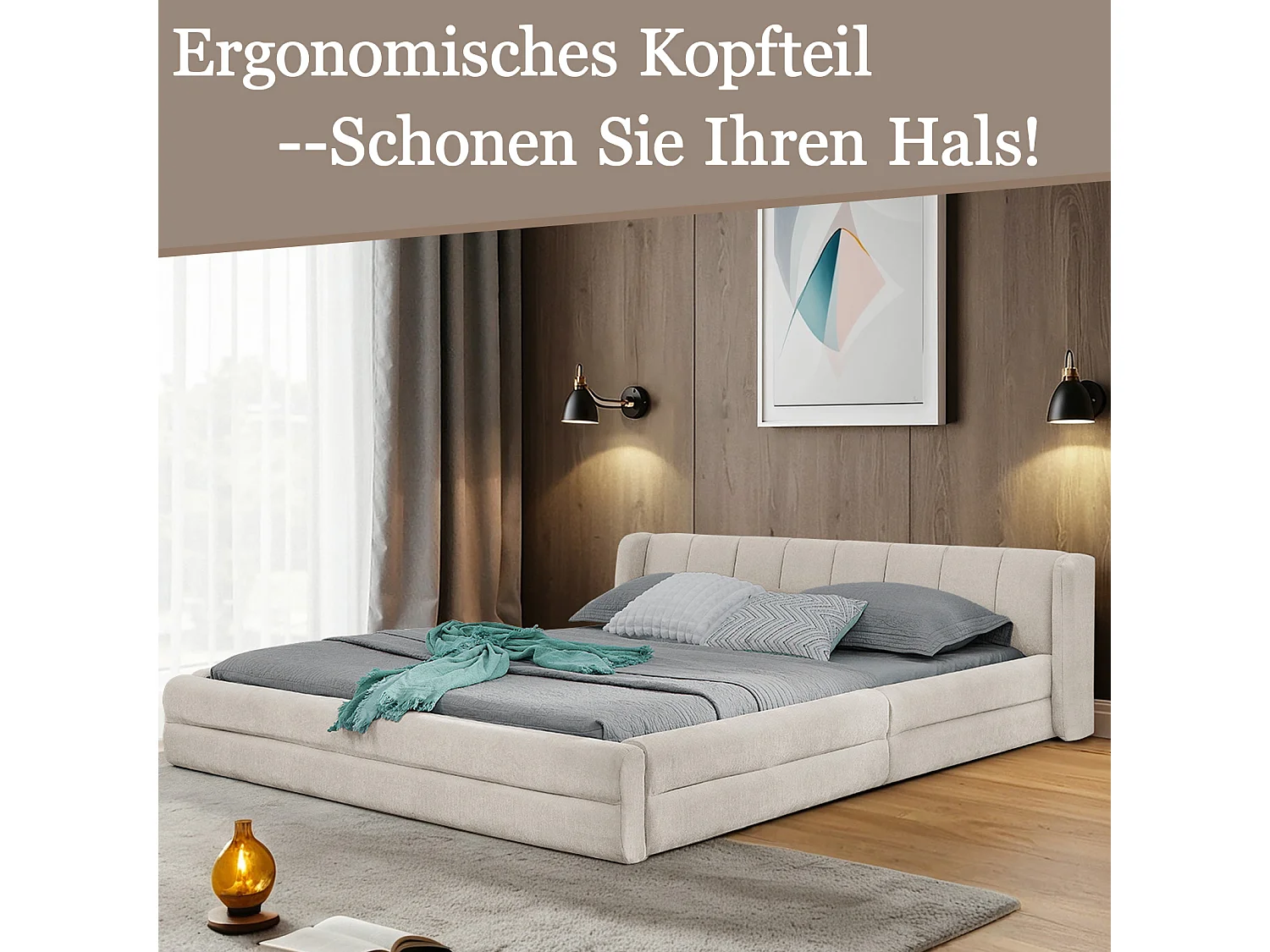 Doppelbett 140 × 200 cm in beigefarbenem Chenille-Stoff, gepolstertes Kopfteil, stabiles Eukalyptus- und Metallgestell, einfache Montage