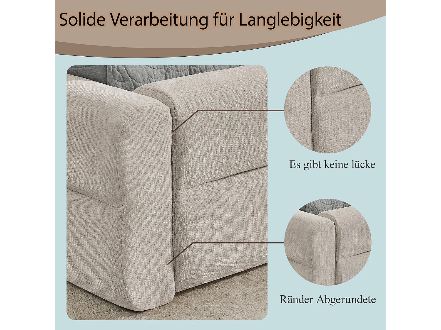 Doppelbett 140 × 200 cm in beigefarbenem Chenille-Stoff, gepolstertes Kopfteil, stabiles Eukalyptus- und Metallgestell, einfache Montage