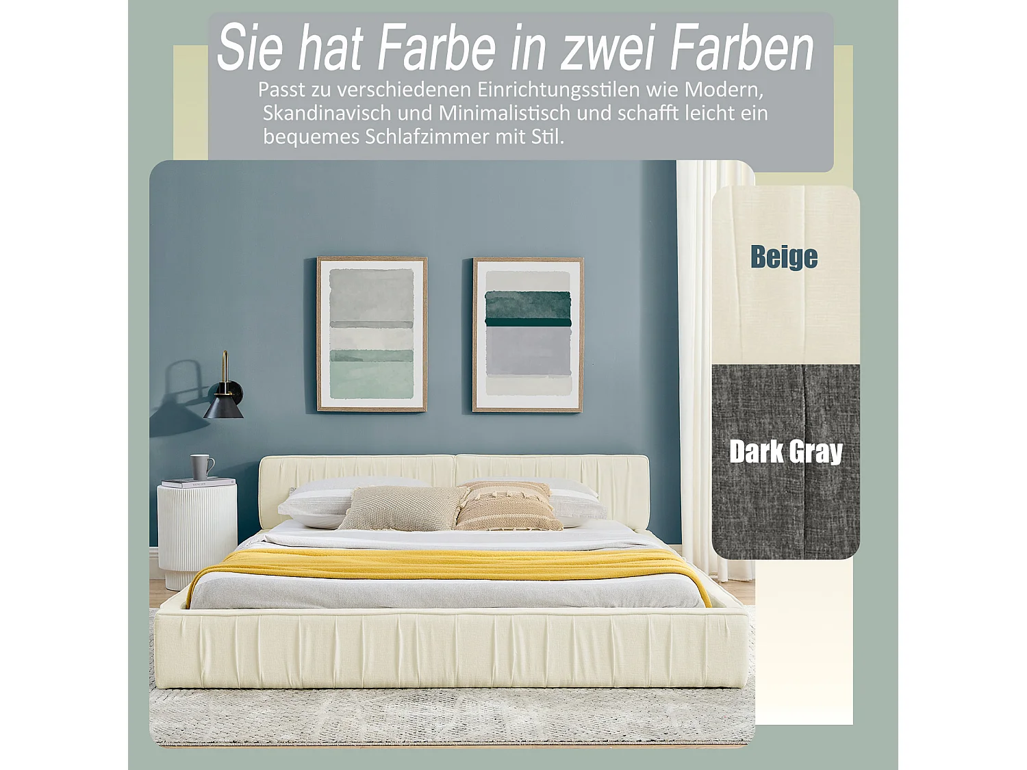 Tweepersoonsbed 160×200 cm in zachte chenille, frame in milieuvriendelijk eucalyptus en metaal, eenvoudige montage – Beige