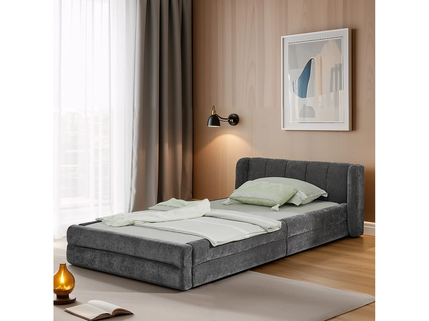 Eenpersoonsbed 90×200 cm in zachte chenillestof, comfortabel hoofdbord, ideaal voor een kinderkamer – Donkergrijs