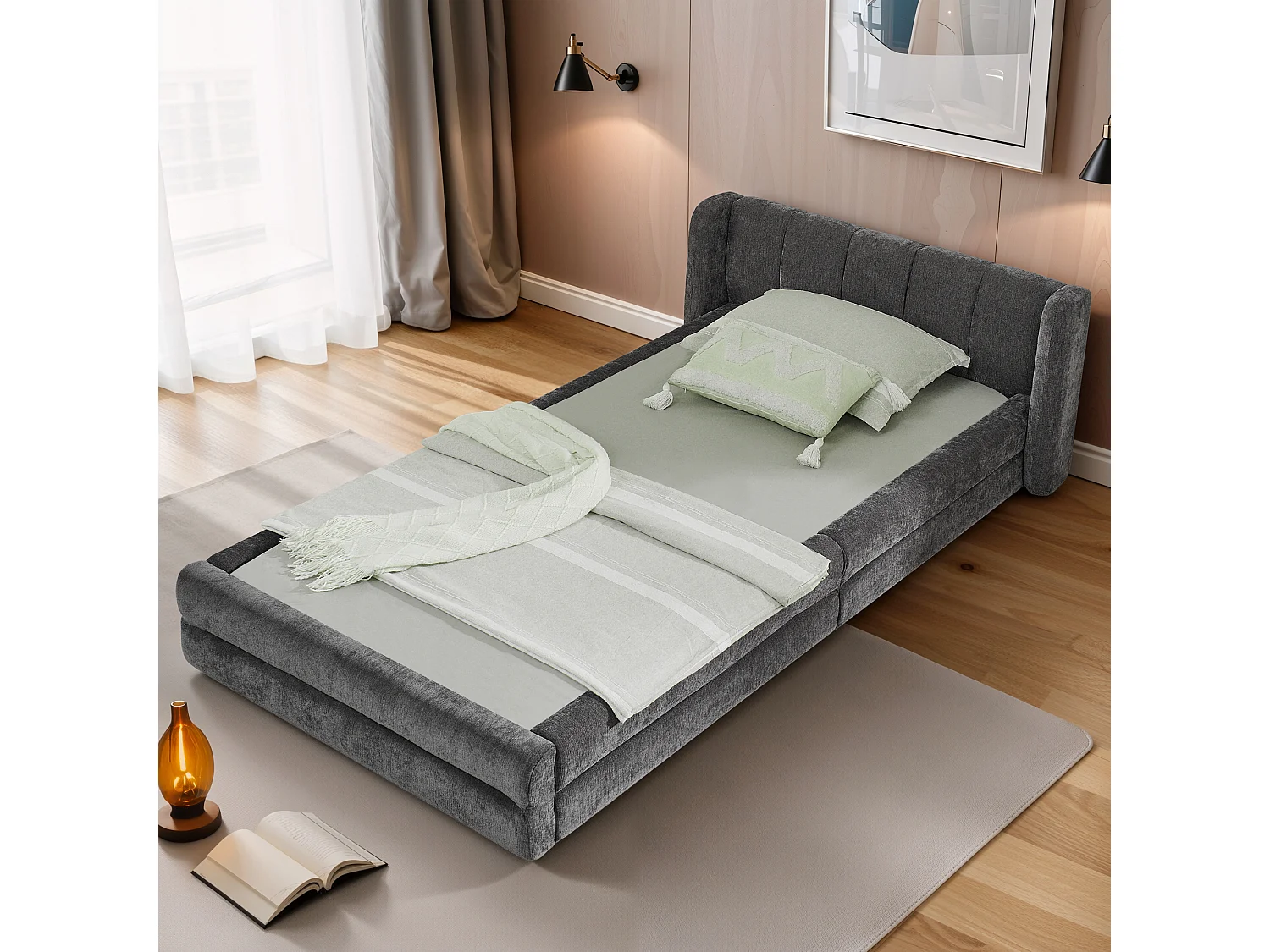 Eenpersoonsbed 90×200 cm in zachte chenillestof, comfortabel hoofdbord, ideaal voor een kinderkamer – Donkergrijs