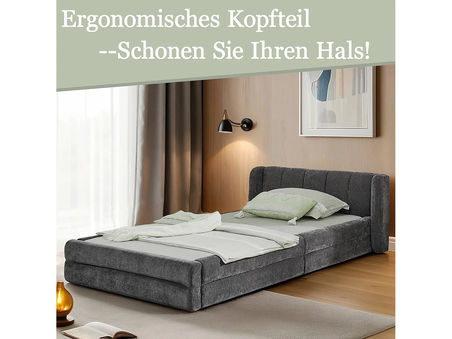 Eenpersoonsbed 90×200 cm in zachte chenillestof, comfortabel hoofdbord, ideaal voor een kinderkamer – Donkergrijs