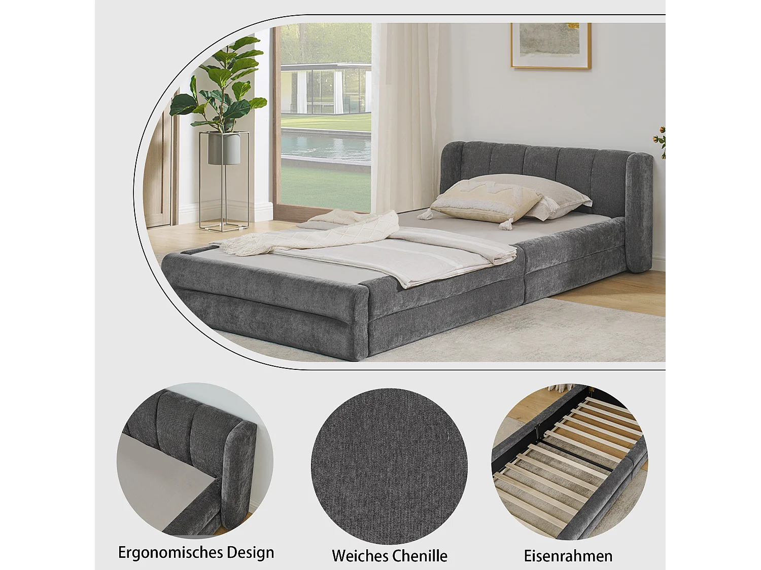 Eenpersoonsbed 90×200 cm in zachte chenillestof, comfortabel hoofdbord, ideaal voor een kinderkamer – Donkergrijs