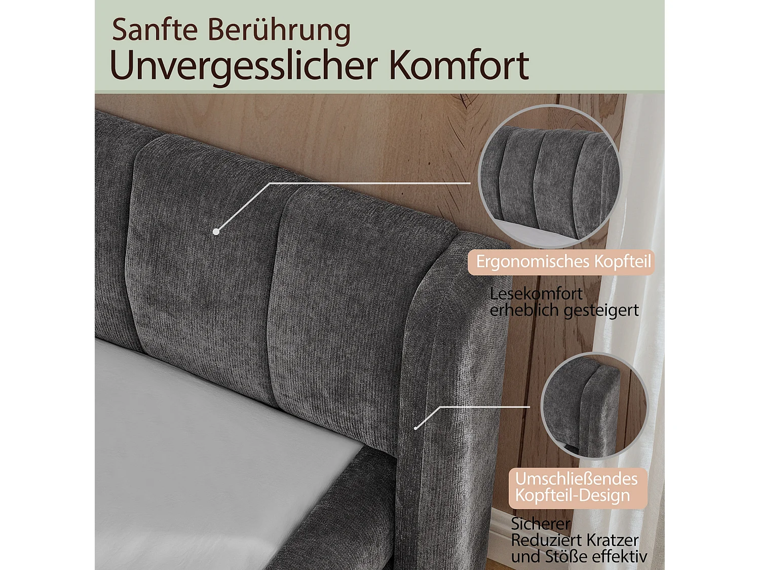 Doppelbett 140 × 200 cm aus Chenille-Stoff, komfortables Kopfteil, stabiles Gestell aus Eukalyptusholz und Metall, einfache Montage – Dunkelgrau