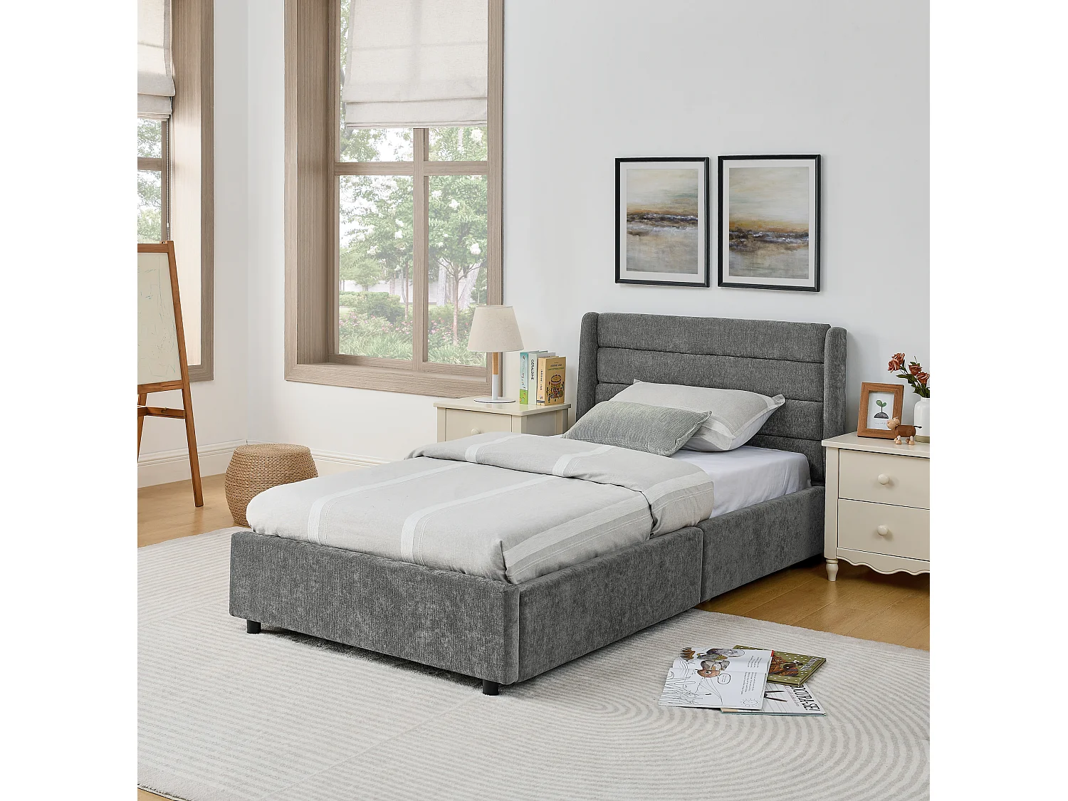 Einzelbett 90×200 cm aus weichem Samt, Kinderbett mit hoher Rückenlehne, ideal fürs Kinderzimmer – Dunkelgrau