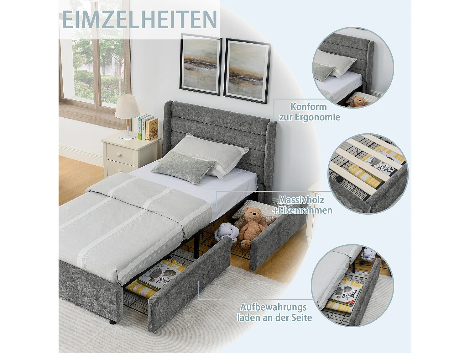 Einzelbett 90×200 cm aus weichem Samt, Kinderbett mit hoher Rückenlehne, ideal fürs Kinderzimmer – Dunkelgrau