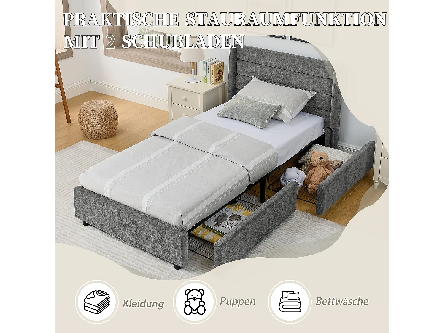 Einzelbett 90×200 cm aus weichem Samt, Kinderbett mit hoher Rückenlehne, ideal fürs Kinderzimmer – Dunkelgrau