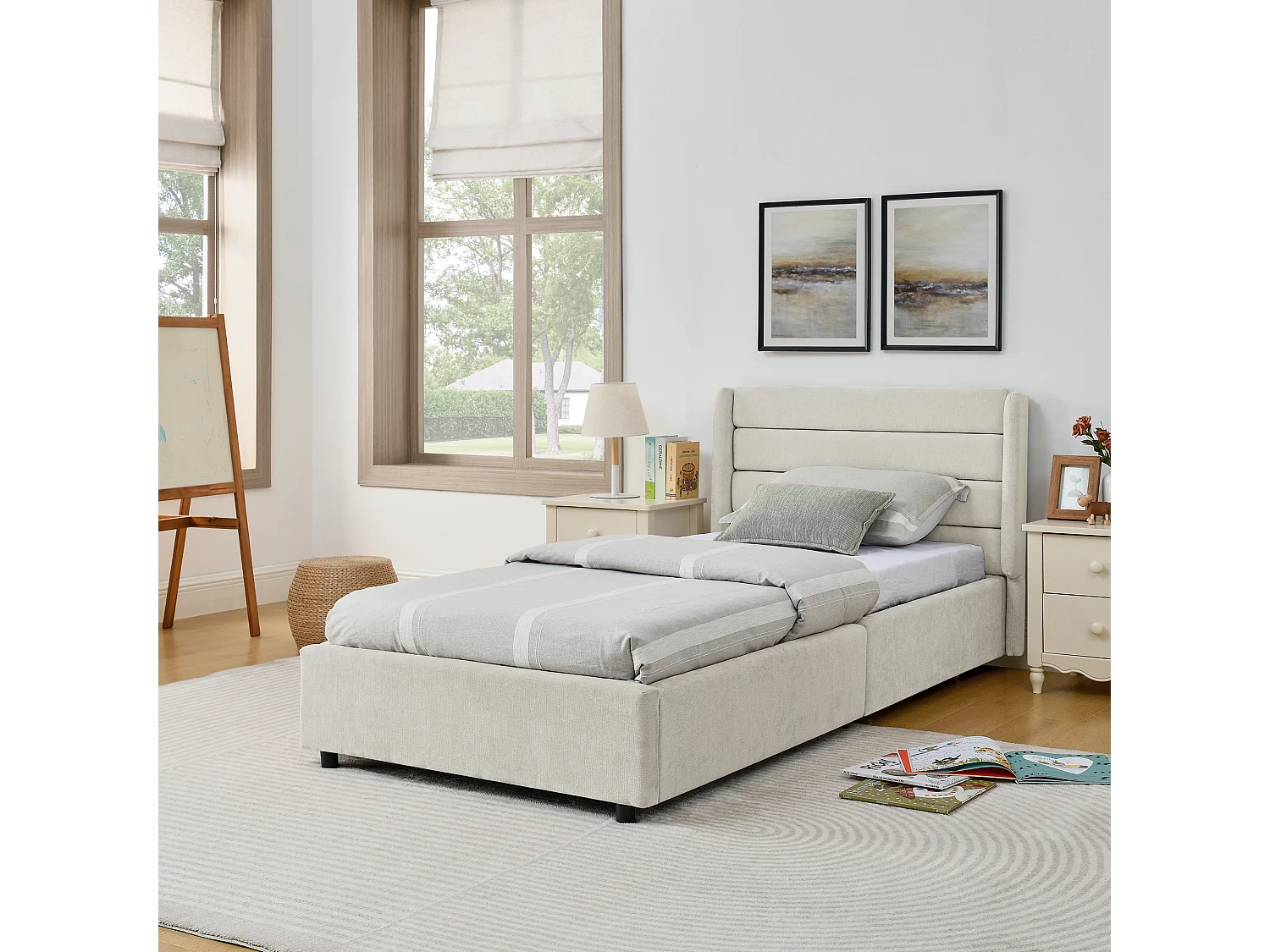 Einzelbett 90×200 cm aus weichem Chenille, mit 2 großen Schubladen, ideal für ein Kinderzimmer – Dunkelgrau