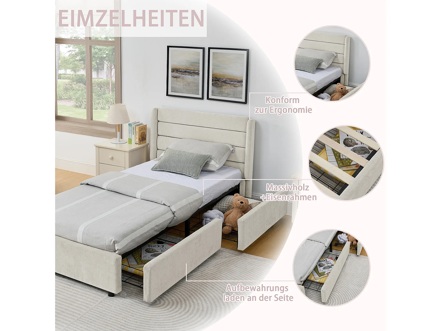 Einzelbett 90×200 cm aus weichem Chenille, mit 2 großen Schubladen, ideal für ein Kinderzimmer – Dunkelgrau