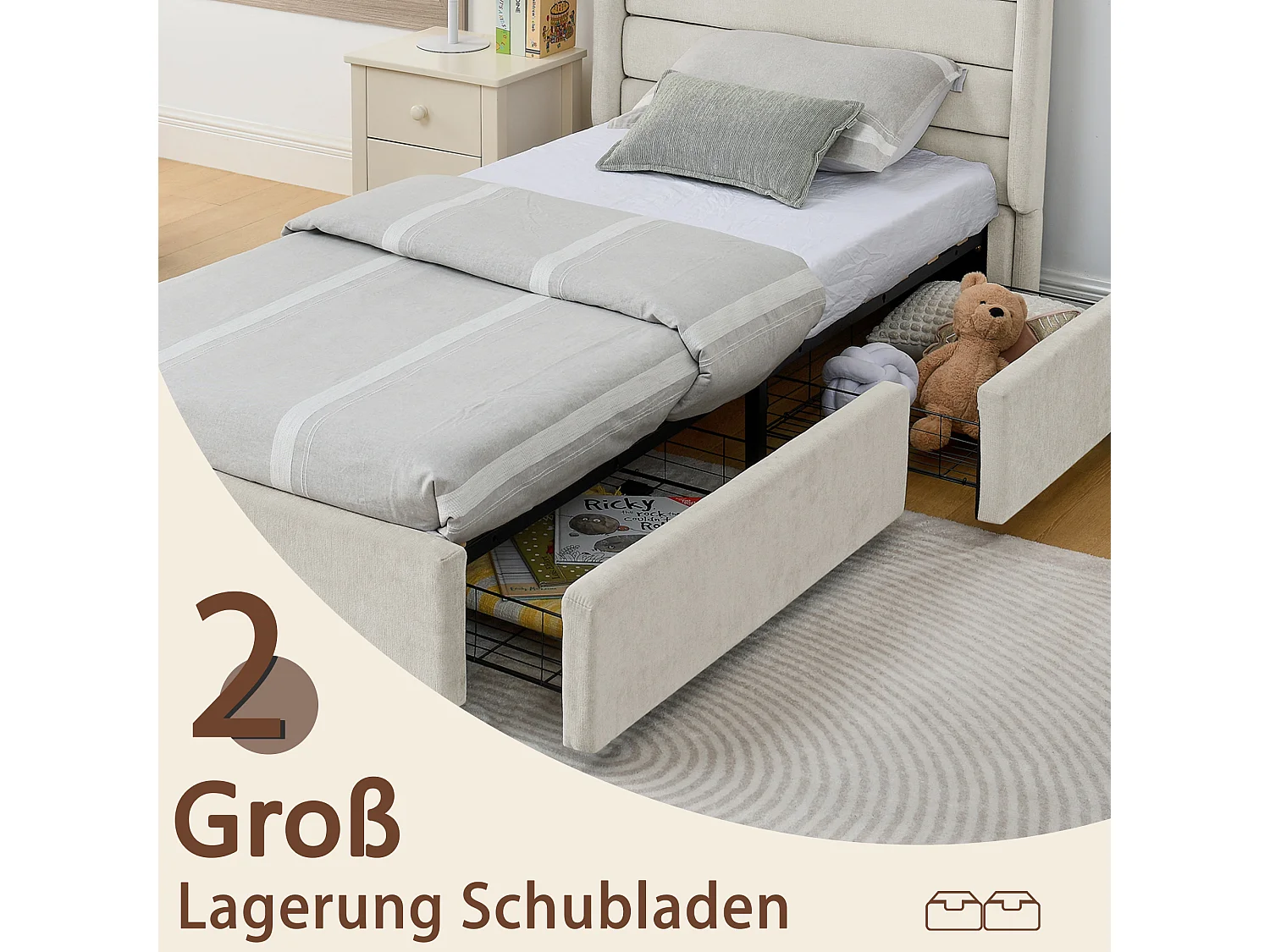 Einzelbett 90×200 cm aus weichem Chenille, mit 2 großen Schubladen, ideal für ein Kinderzimmer – Dunkelgrau