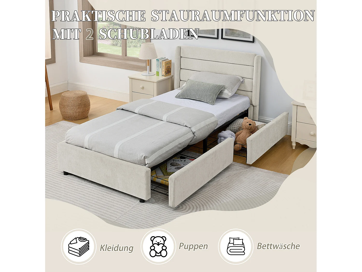 Einzelbett 90×200 cm aus weichem Chenille, mit 2 großen Schubladen, ideal für ein Kinderzimmer – Dunkelgrau