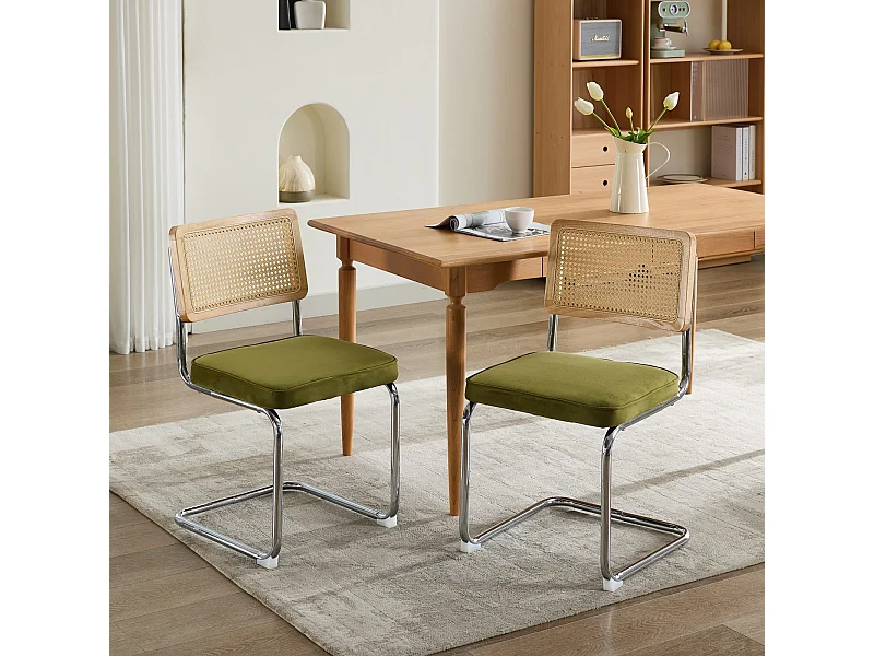 Lot de 2 chaises de salle à manger – Dossiers en rotin – Assises rembourrées en velours – Vert