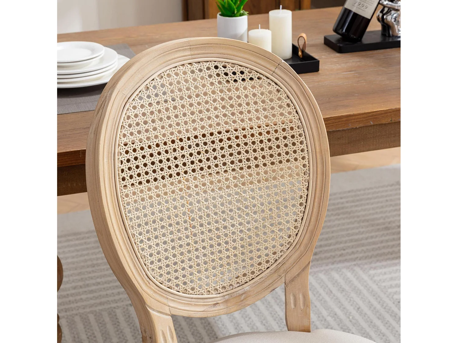 Lot de 2 chaises de salle à manger – Cadre en bois massif – Assises en lin – Beige