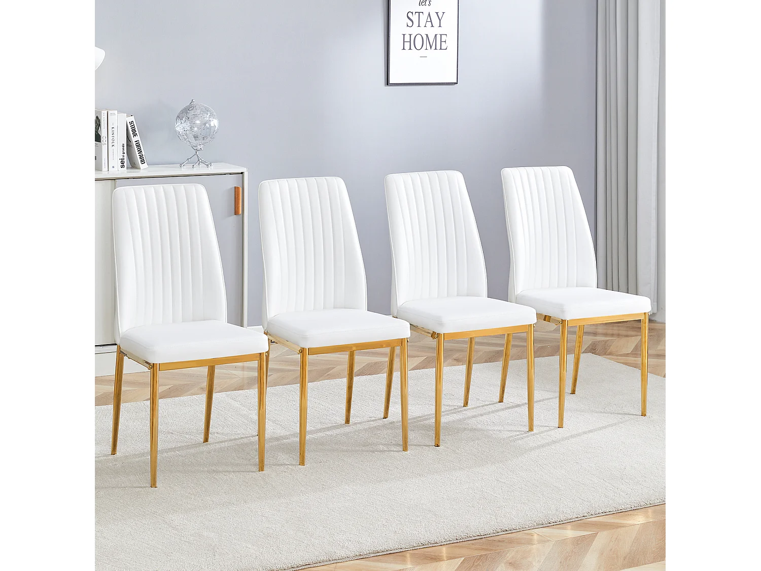 Lot de 4 chaises de salle à manger - Pieds en métal doré – Coussins en cuir – Blanc