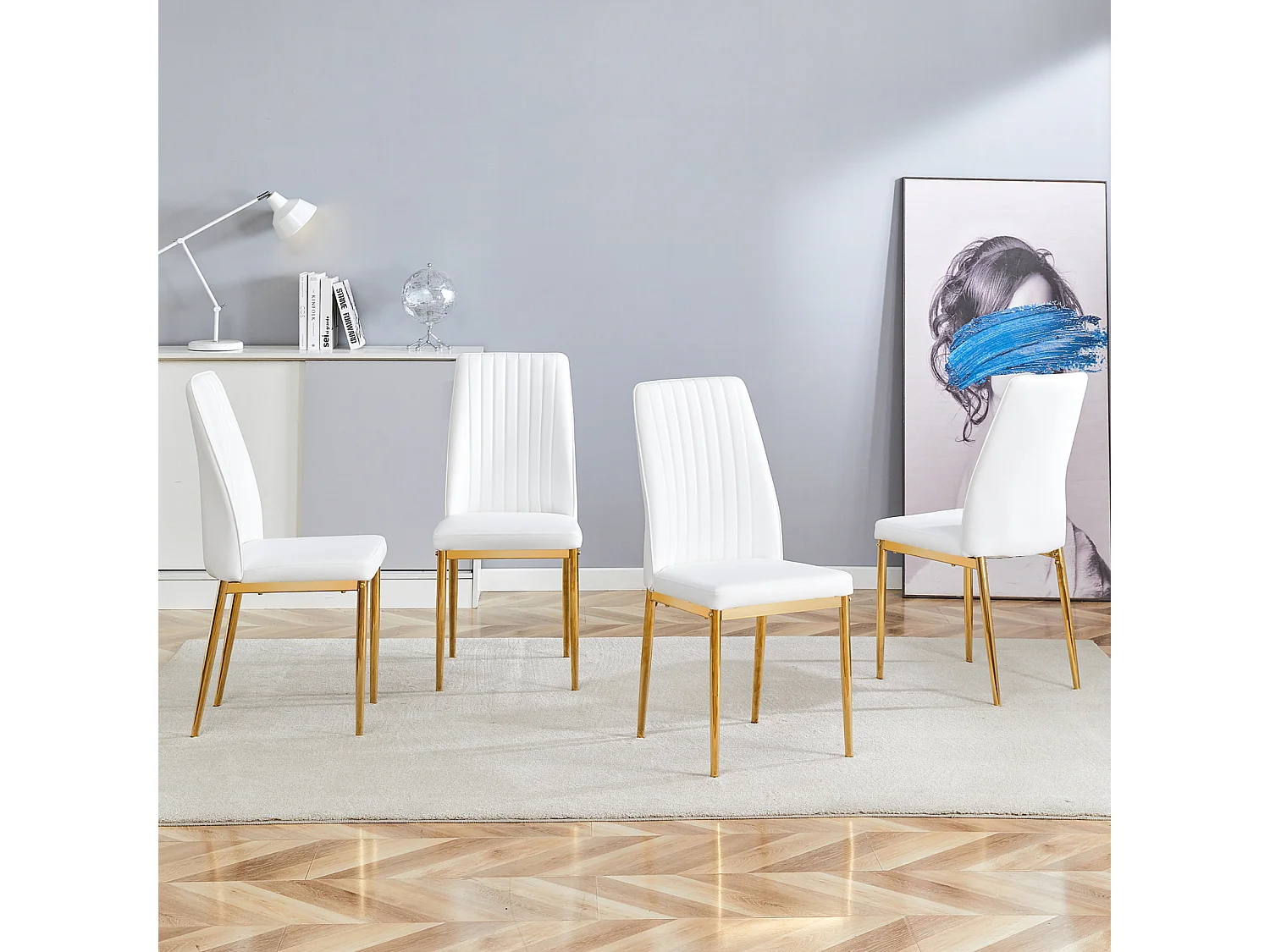 Lot de 4 chaises de salle à manger - Pieds en métal doré – Coussins en cuir – Blanc