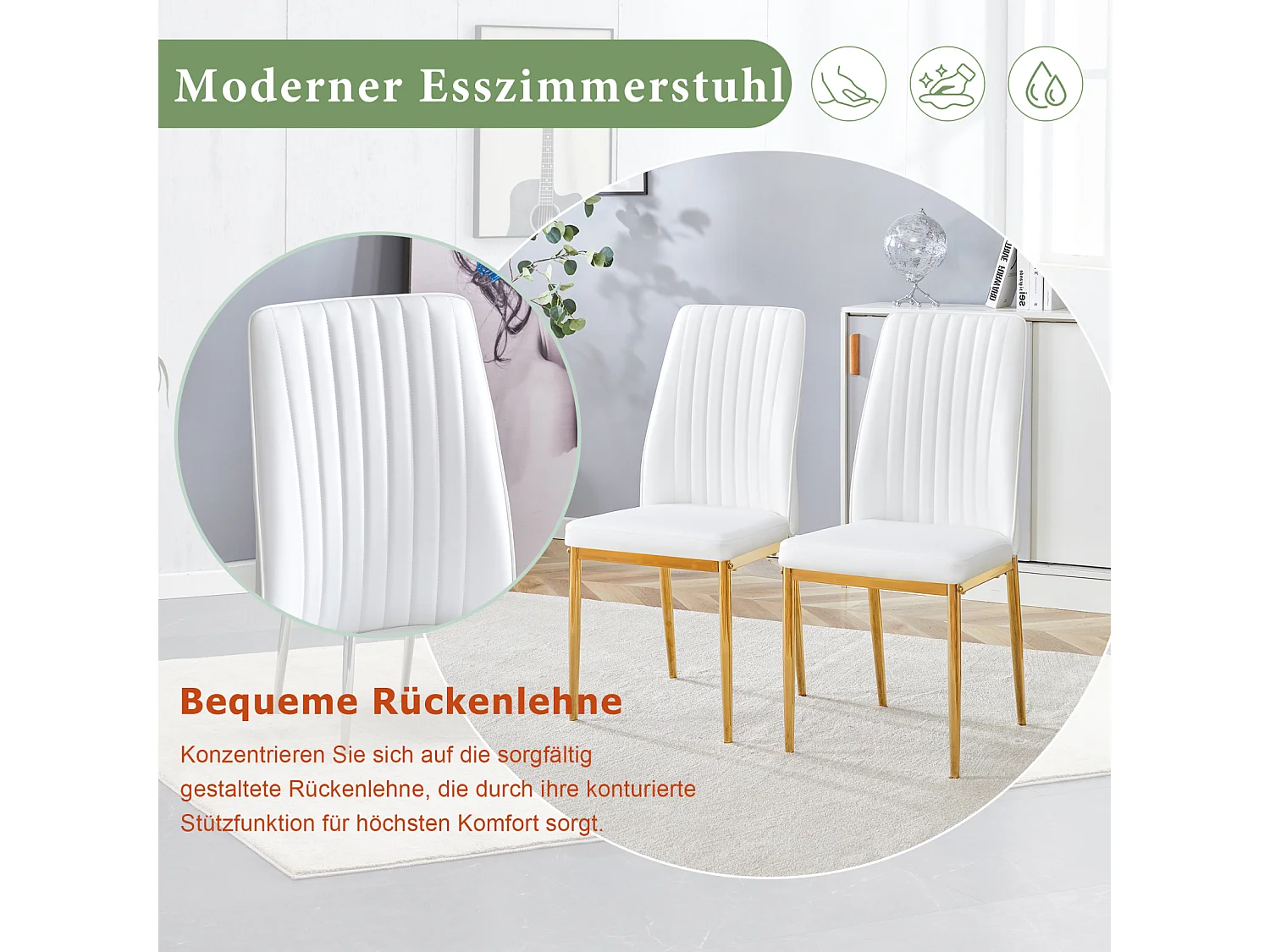 Lot de 4 chaises de salle à manger - Pieds en métal doré – Coussins en cuir – Blanc
