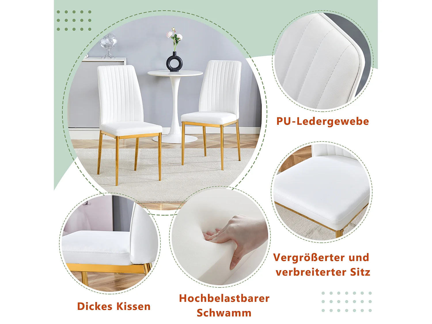 Lot de 4 chaises de salle à manger - Pieds en métal doré – Coussins en cuir – Blanc