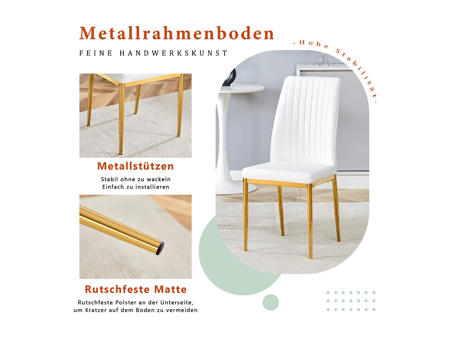 Lot de 4 chaises de salle à manger - Pieds en métal doré – Coussins en cuir – Blanc