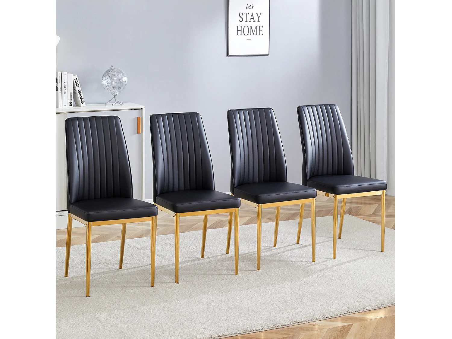 Lot de 4 chaises de salle à manger - Pieds en métal doré – Coussins en cuir – Noir