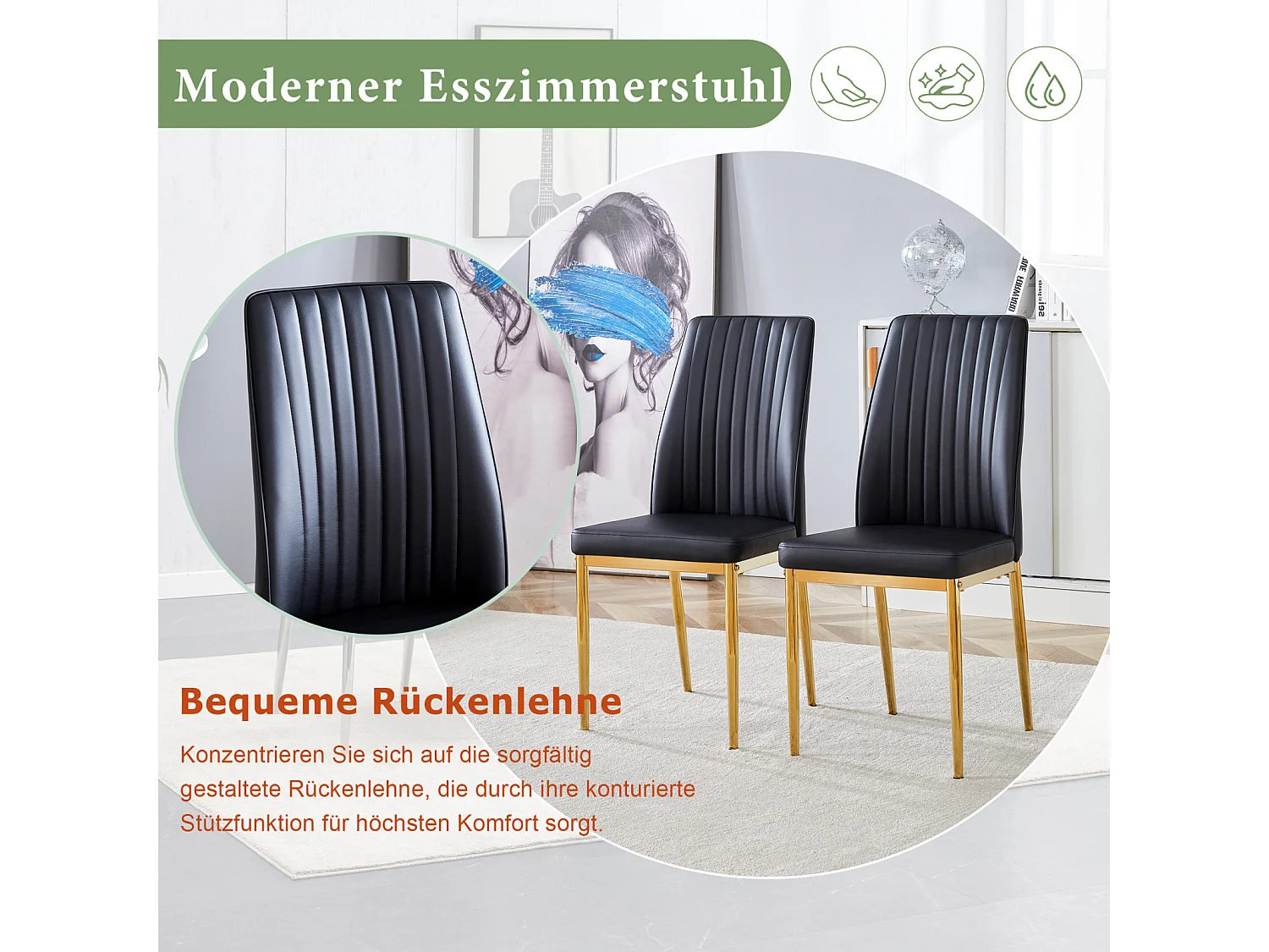 Lot de 4 chaises de salle à manger - Pieds en métal doré – Coussins en cuir – Noir