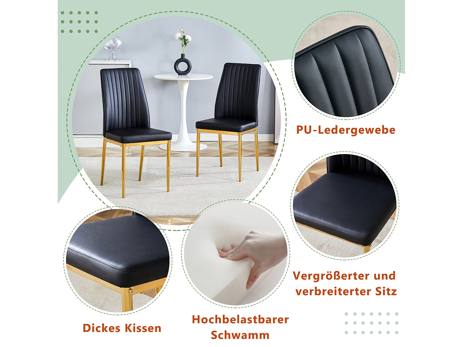 Lot de 4 chaises de salle à manger - Pieds en métal doré – Coussins en cuir – Noir