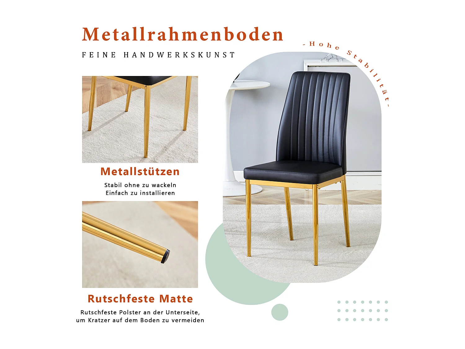 Lot de 4 chaises de salle à manger - Pieds en métal doré – Coussins en cuir – Noir