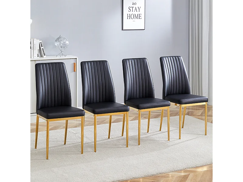 Lot de 4 chaises de salle à manger - Pieds en métal doré – Coussins en cuir – Noir