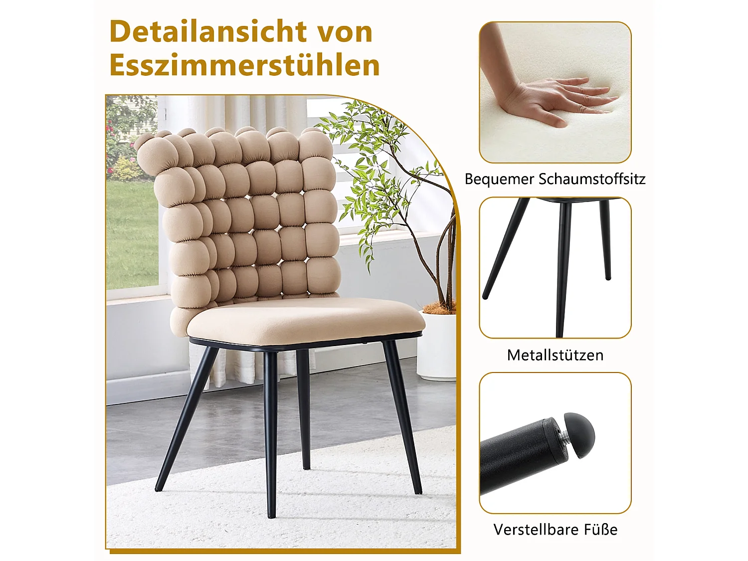 Lot de 2 chaise de salle à manger - pieds en métal - velours - chameau