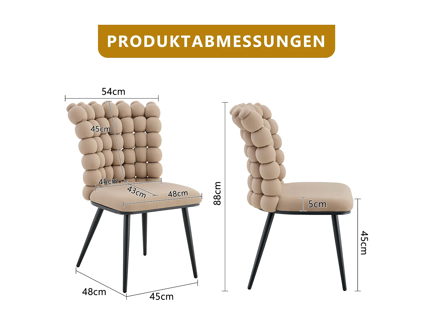 Set van 2 eetkamerstoelen - metalen poten - fluweel - camel