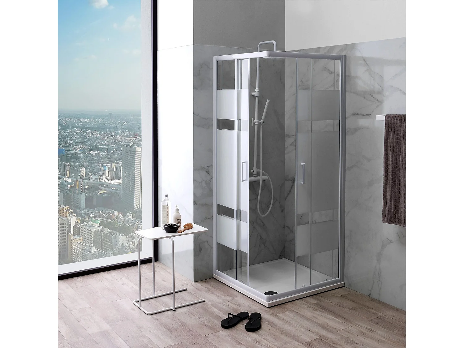 Cabine De Douche Angulaire 75X75 Crystal Sérigraphié Profilé Blanc | Venere