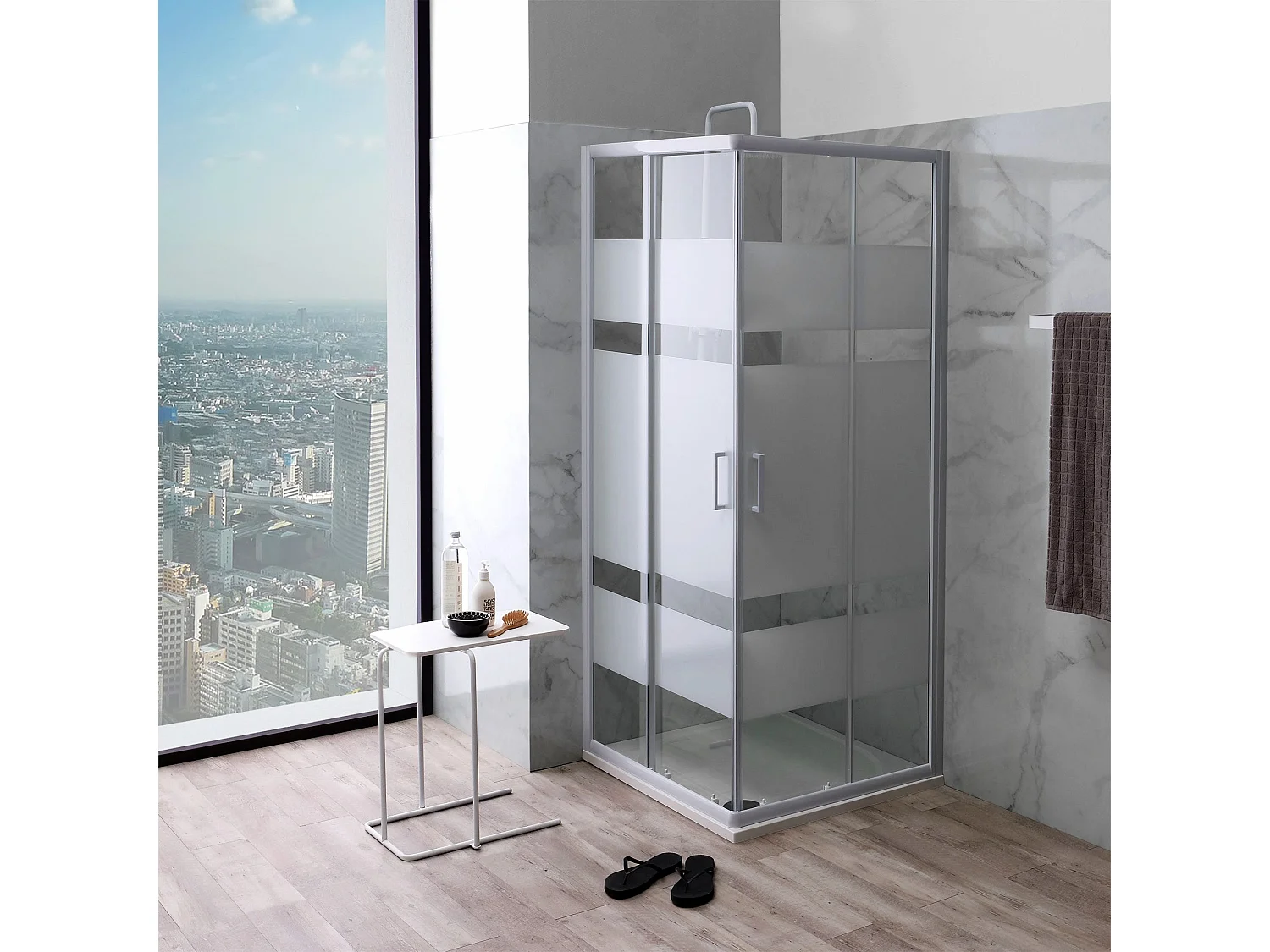 Cabine De Douche Angulaire 75X75 Crystal Sérigraphié Profilé Blanc | Venere