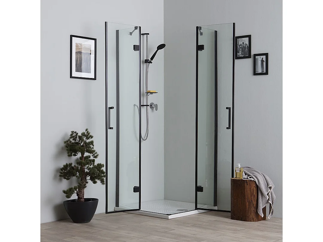 Cabine De Douche Noire Mate 70X70 Avec Portes Battantes Sans Cadre | London