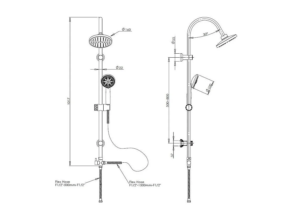 Barre De Douche Avec Pomme De Douche Fixe Et Pommeau Manuel + Déviateur Modèle “M”