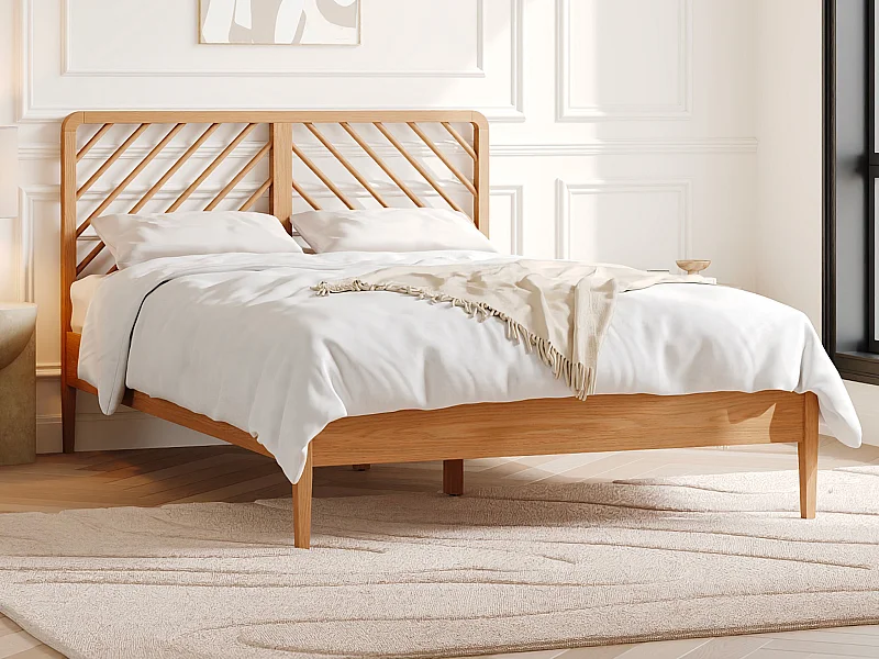 Lit 140 x 200 cm - Chêne et MDF - Coloris : Naturel + Matelas - LERIAKI