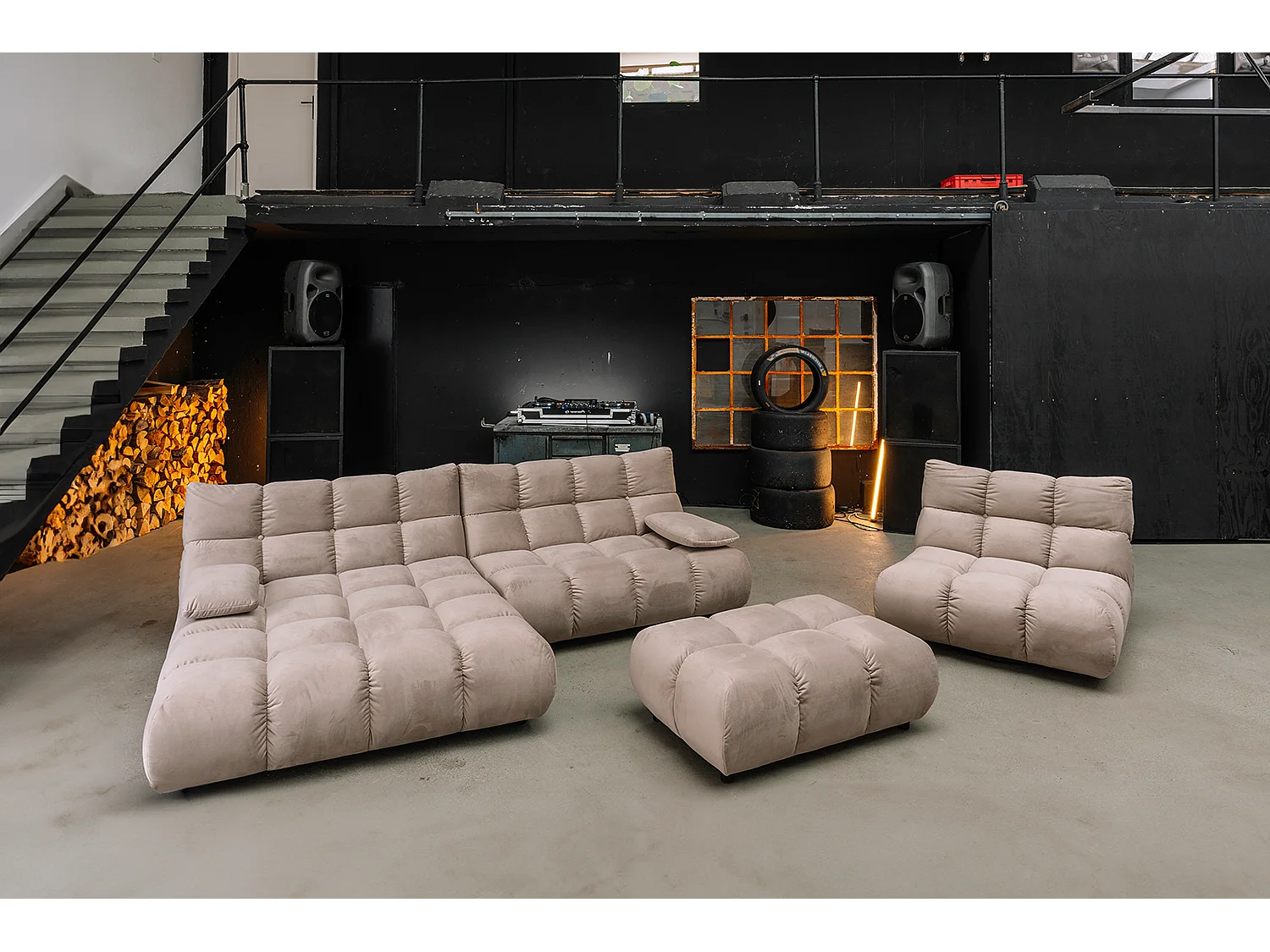 Sofá esquinero Pufs tapizados Sillones giratorios Set - marrón terciopelo - VIVIEN