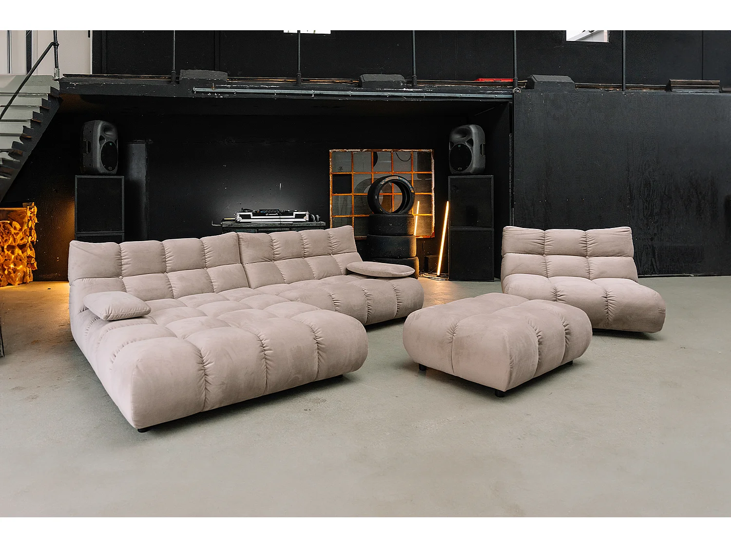 Sofá esquinero Pufs tapizados Sillones giratorios Set - marrón terciopelo - VIVIEN