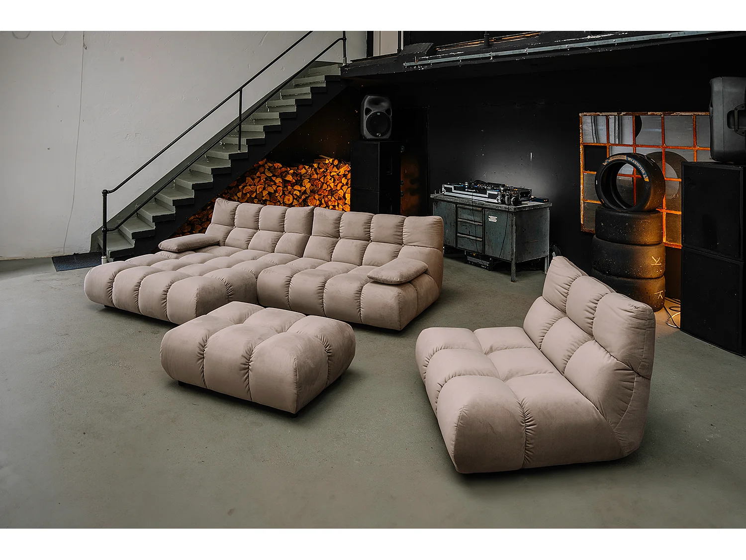 Sofá esquinero Pufs tapizados Sillones giratorios Set - marrón terciopelo - VIVIEN