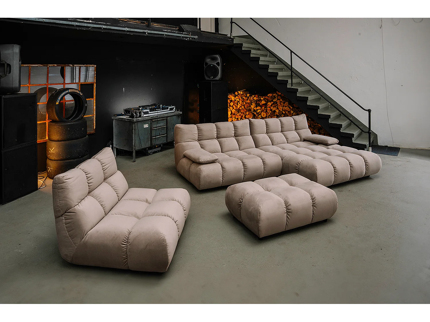 Sofá esquinero Pufs tapizados Sillones giratorios Set - marrón terciopelo - VIVIEN