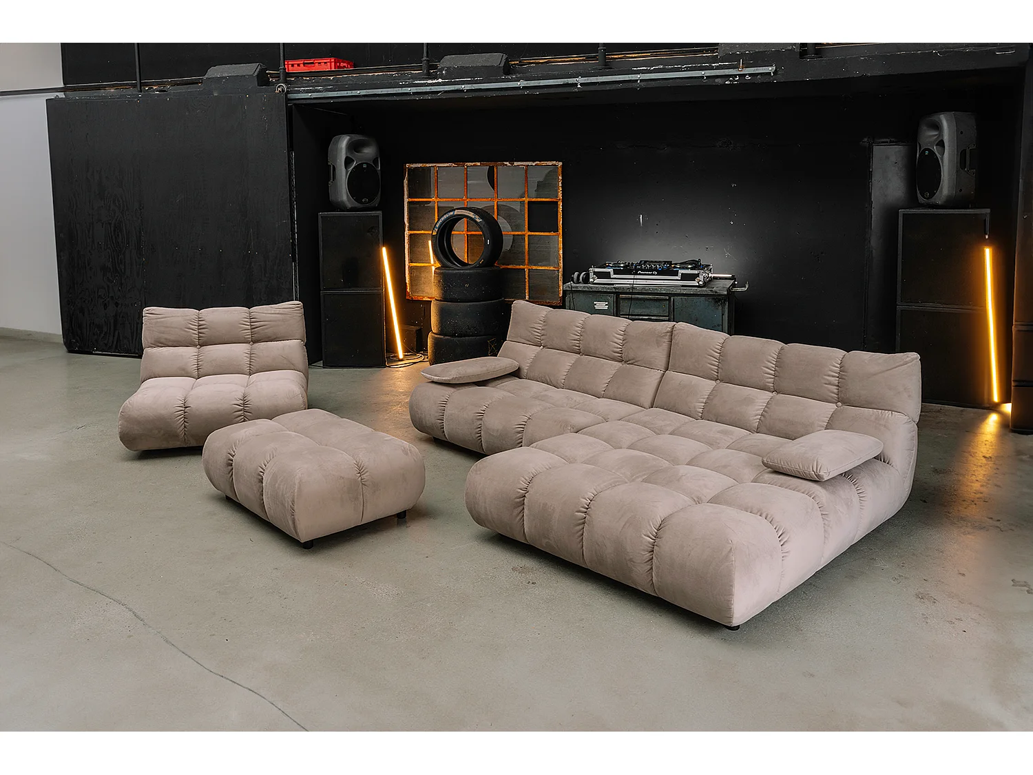 Sofá esquinero Pufs tapizados Sillones giratorios Set - marrón terciopelo - VIVIEN