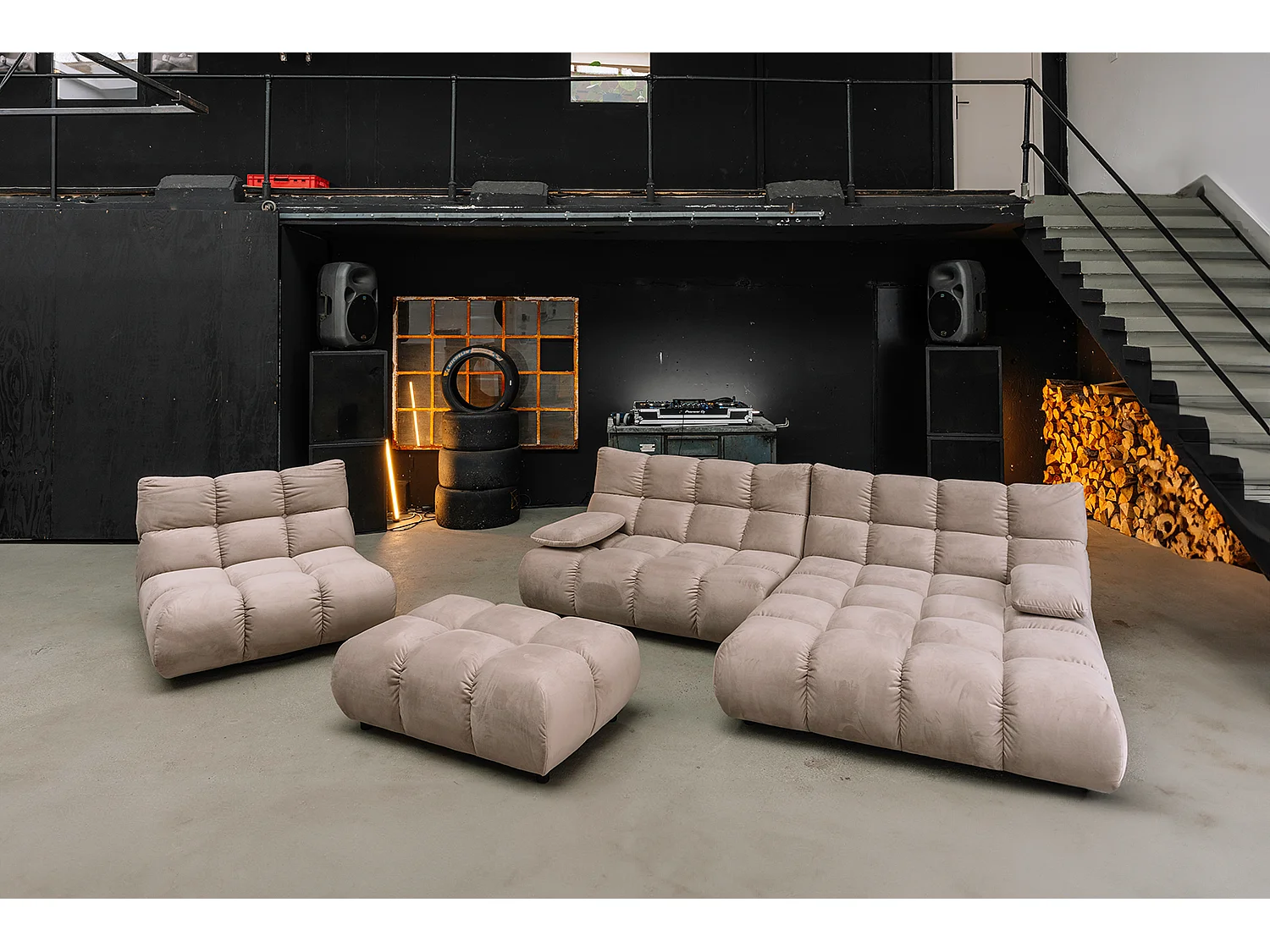 Sofá esquinero Pufs tapizados Sillones giratorios Set - marrón terciopelo - VIVIEN