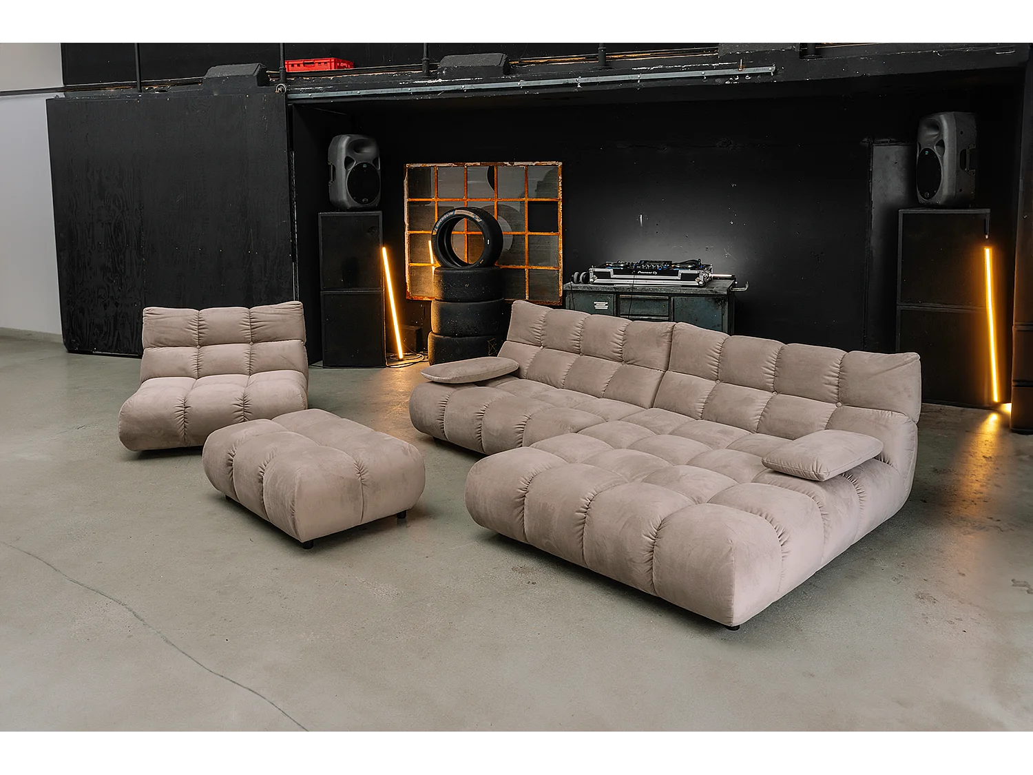 Sofá esquinero Pufs tapizados Sillones giratorios Set - marrón terciopelo - VIVIEN