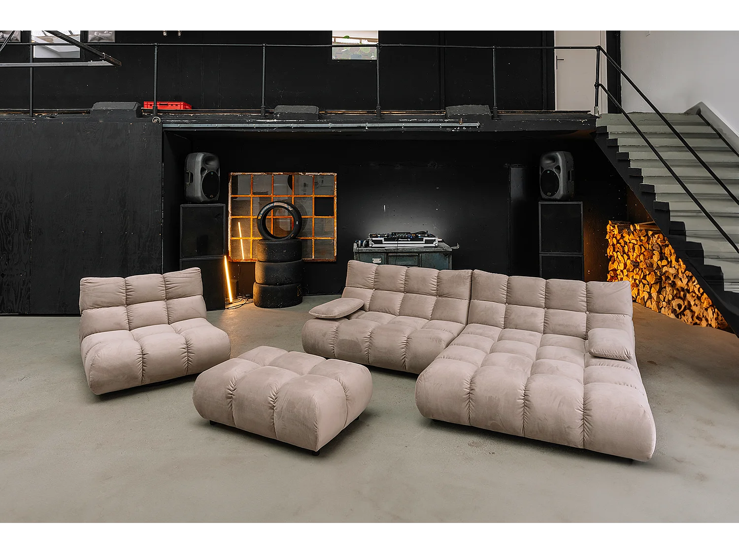 Sofá esquinero Pufs tapizados Sillones giratorios Set - marrón terciopelo - VIVIEN