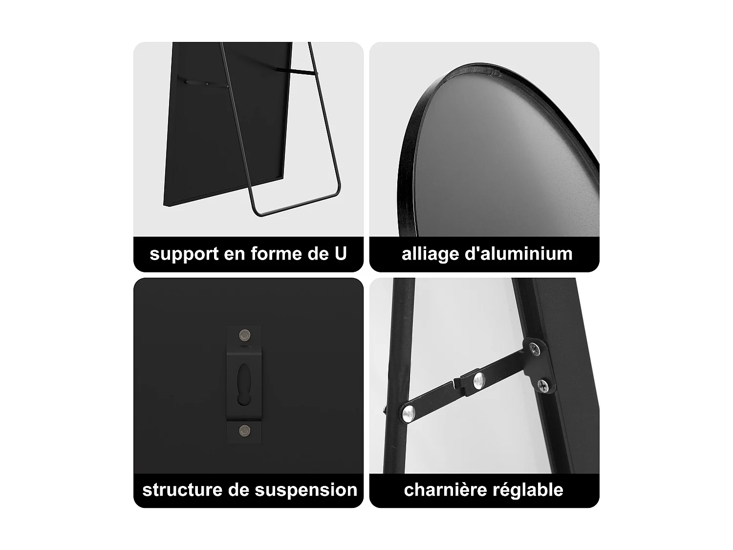 Miroir sur pied incurvé 173 x 63 cm - cadre en alliage d'aluminium - verre trempé - grand format - noir