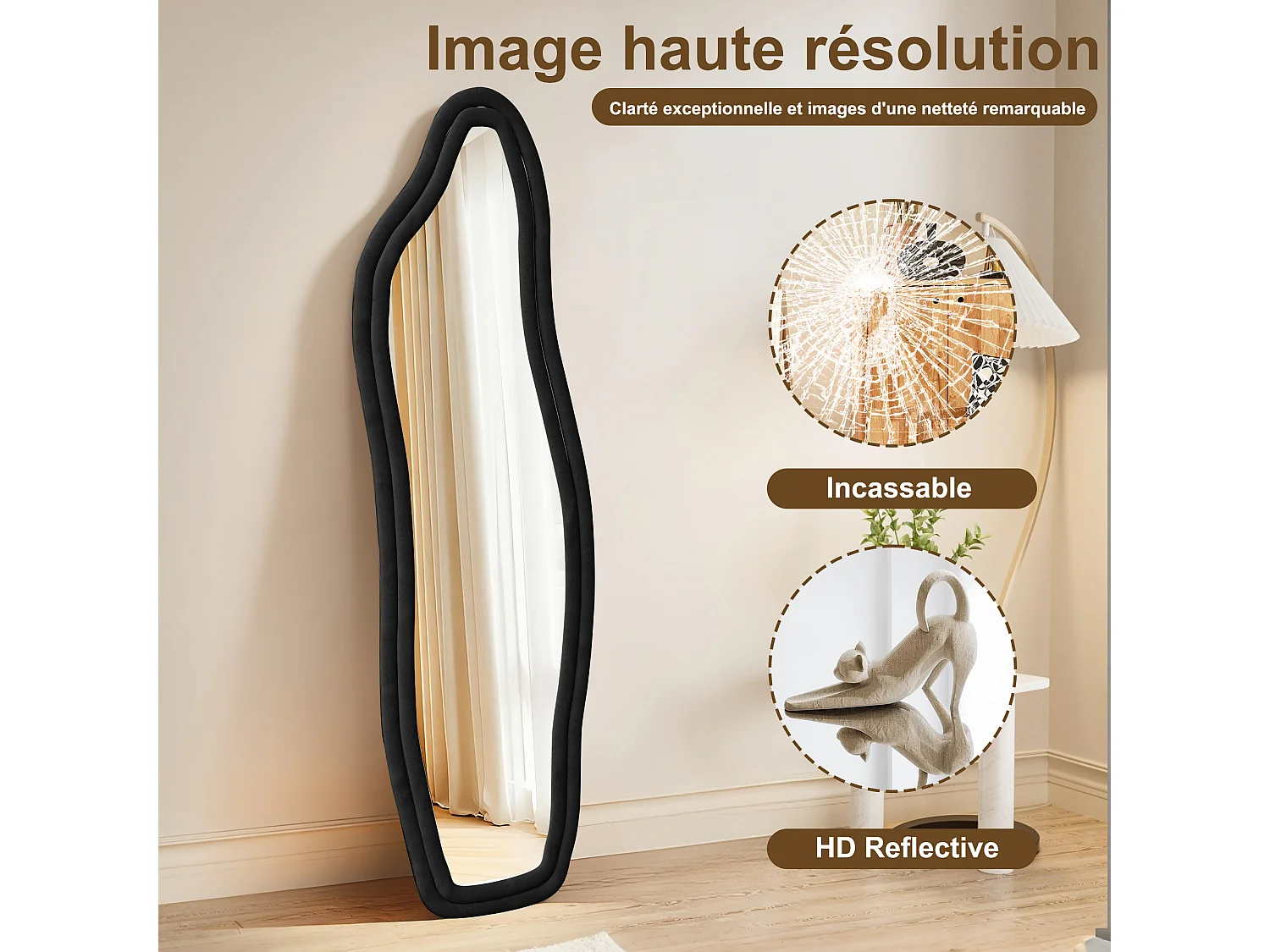 Miroir sur pied 140 x 45 cm - à bords ondulés irréguliers - avec support et cadre en bois recouvert de flanelle -noir
