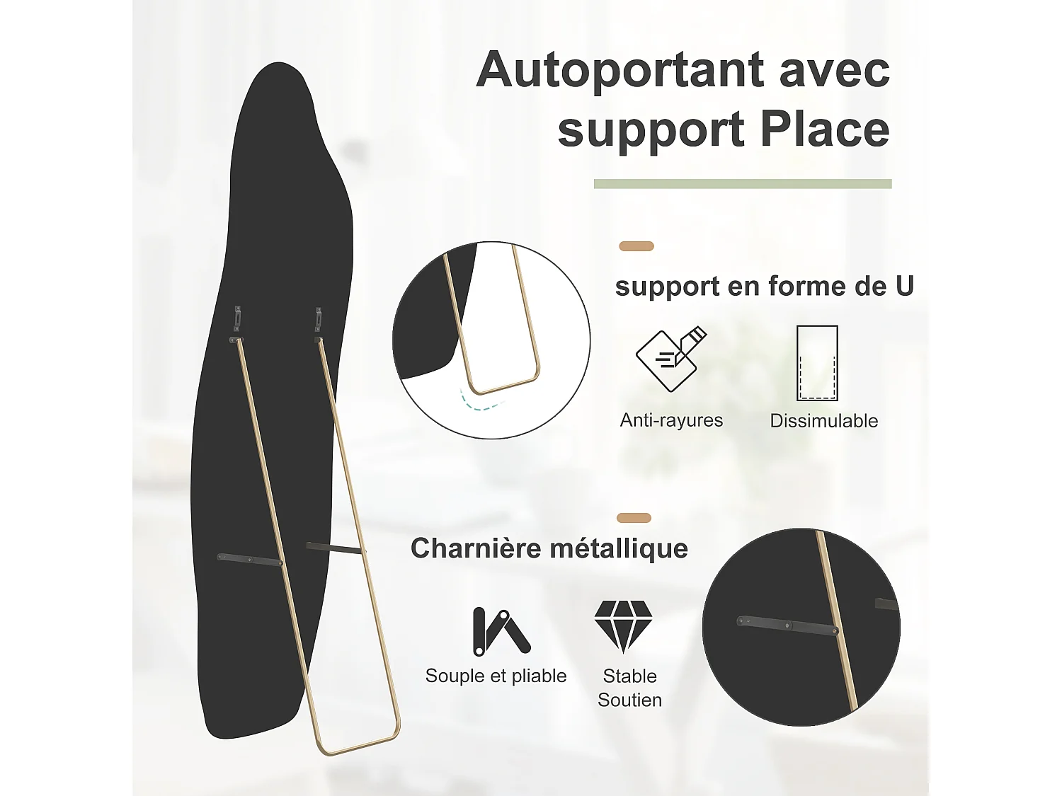 Miroir sur pied 160 x 50 cm - à bords ondulés irréguliers - avec support et cadre en bois recouvert de flanelle -noir