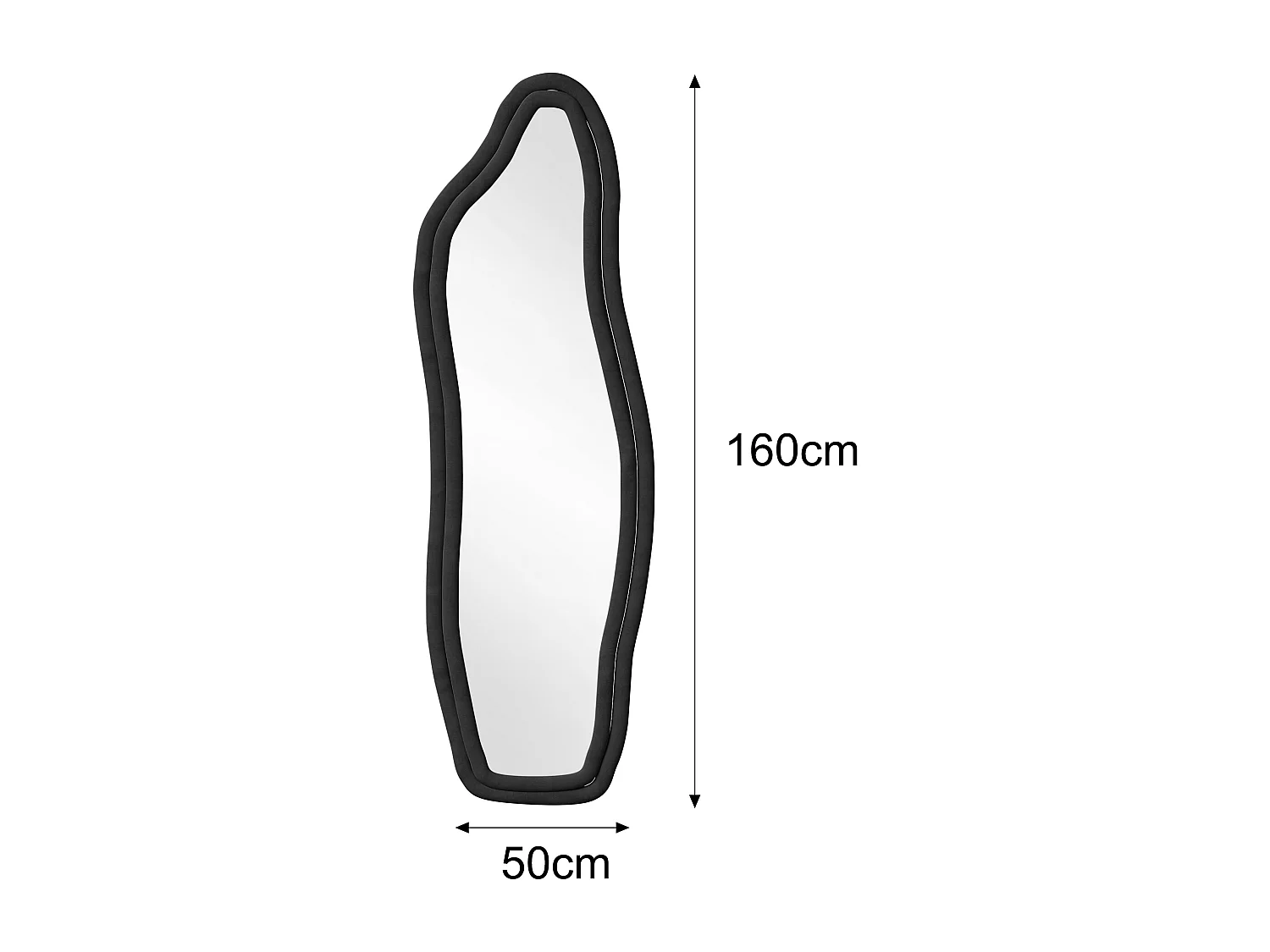 Vrijstaande spiegel 160 x 50 cm - met onregelmatige golvende randen - met standaard en houten frame bekleed met flanel - zwart