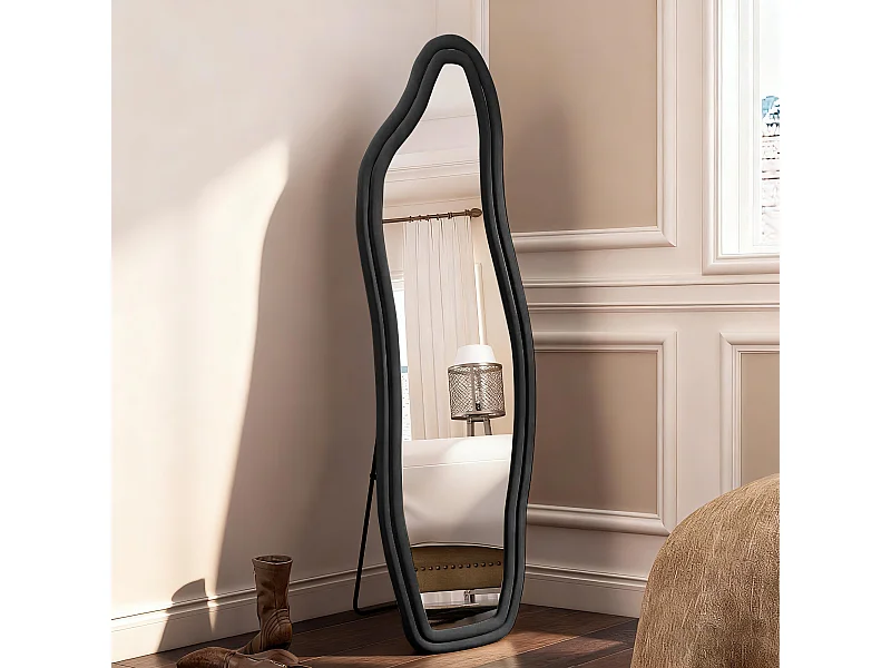 Miroir sur pied 160 x 50 cm - à bords ondulés irréguliers - avec support et cadre en bois recouvert de flanelle -noir